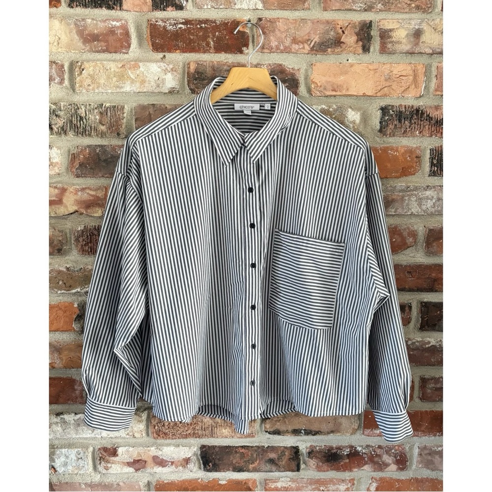 Chicos Gray Stripe Boxy Button Up Long Sleeve Shirt Top, 3